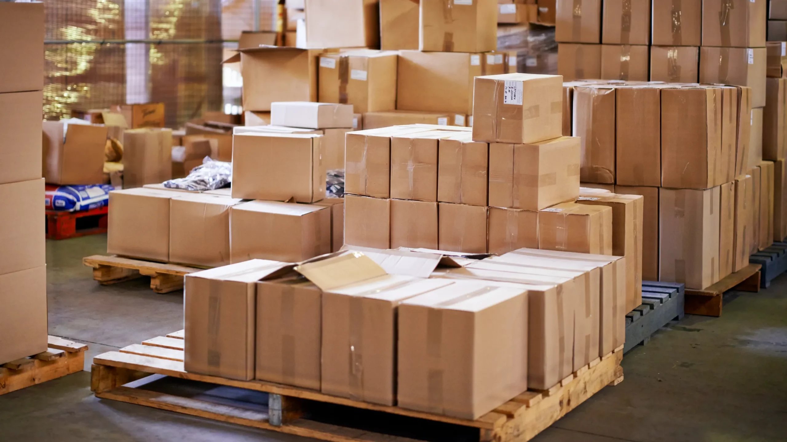 Cardboard cartons stacked on wooden pallets across a warehouse floor