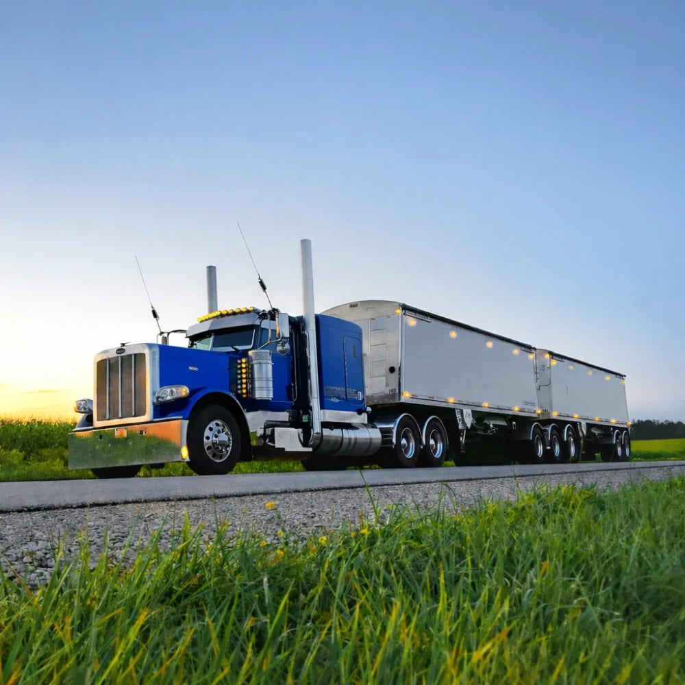 Blue sleeper tractor hauling a Super B set of tandem grain trailers down a rural highway at dusk