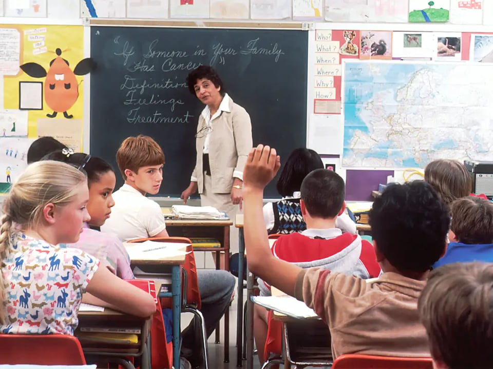Teacher at the front of a busy primary school classroom with students raising their hands