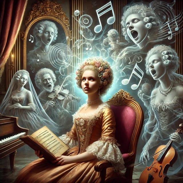  dalle 2025 03 23 081332   a surreal baroque style painting featuring a female figure in a richly decorated 17th century chamber she sits in a grand velvet chair dressed in el musical hallucinations when the brain creates sound without an external source   the audiology place