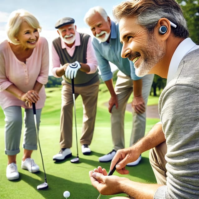 DALLE 2025-04-15 170444 - A group of older adult golfers both men and women smiling and chatting near the green on a golf course One of them is clearly wearing a modern hear - The Audiology Place dalle 2025 04 15 170444 a group of older adult golfers both men and women smiling and chatting near the green on a golf course one of them is clearly wearing a modern hear hear your way to a better golf game how hearing aids improve your performance on the course the audiology place