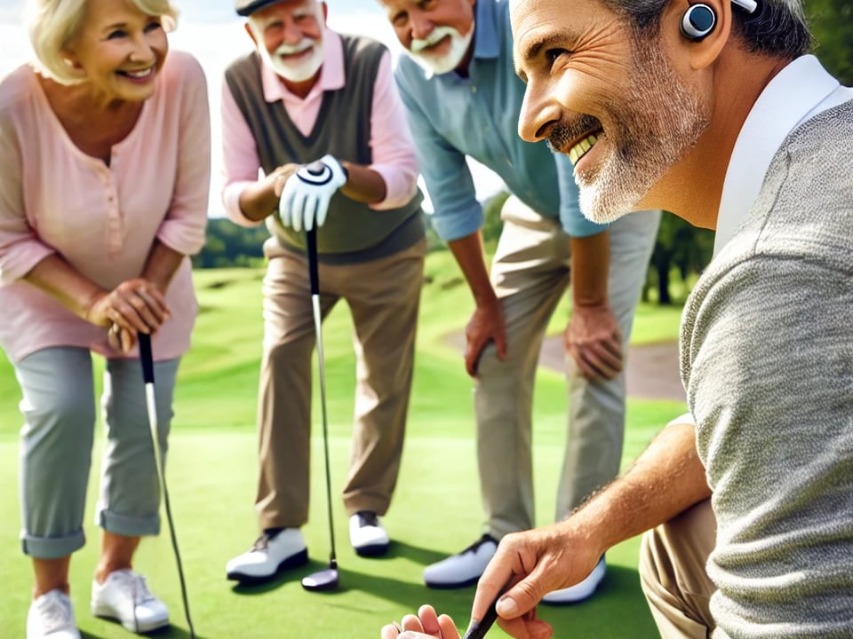  dalle 2025 04 15 170444   a group of older adult golfers both men and women smiling and chatting near the green on a golf course one of them is clearly wearing a modern hear learn   the audiology place