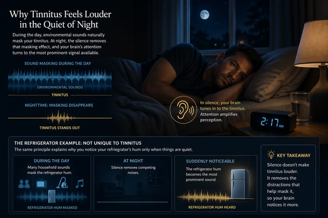 infographic explaining why tinnitus feels louder at night a man lying in bed in a dark room with moonlight surrounded by waveforms labeled environmental sounds and tinnitus and a clock showing 217 am text describess how silence unmasks tinnitus tinnitus at night why is my tinnitus worse at night the science explained the audiology place