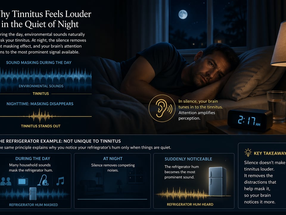 Infographic explaining why tinnitus feels louder at night: a man lying in bed in a dark room with moonlight, surrounded by waveforms labeled Environmental Sounds and Tinnitus, and a clock showing 2:17 AM; text describess how silence unmasks tinnitus.