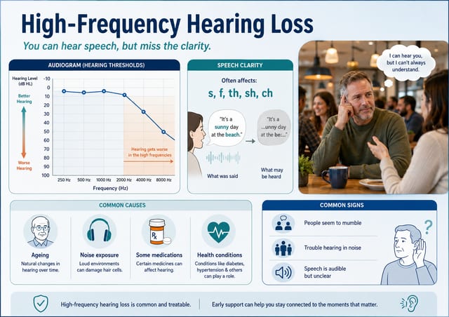 high frquency hearing loss - The Audiology Place infographic about high frequency hearing loss showing a chart speech clarity section and a photo of people with a thought bubble about understanding high frquency hearing loss high frequency hearing loss the most common type the audiology place