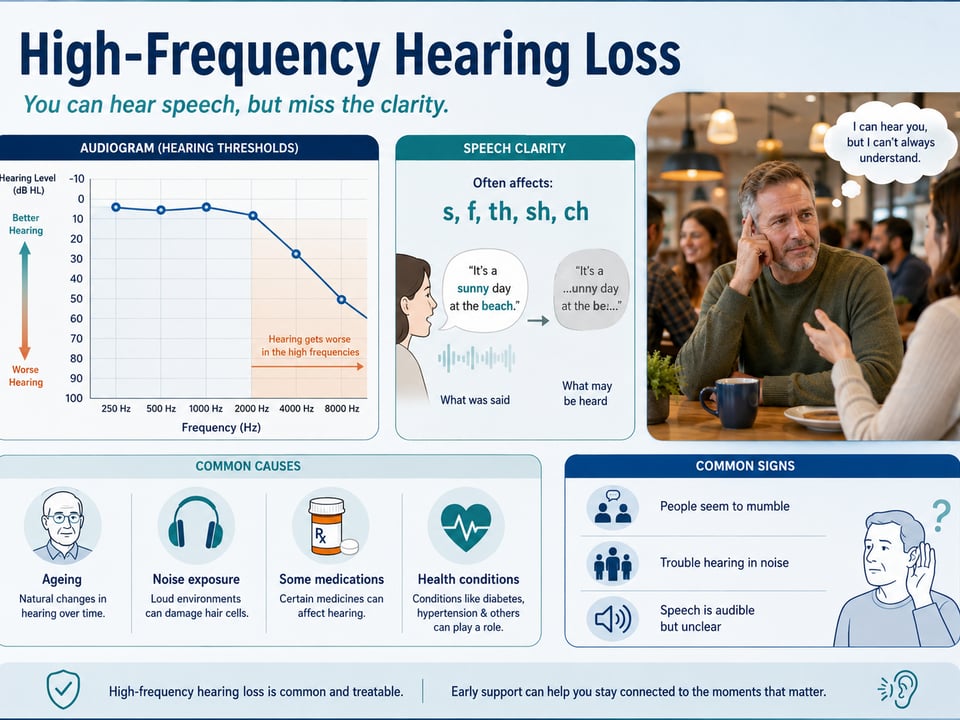 high frquency hearing loss - The Audiology Place infographic about high frequency hearing loss showing a chart speech clarity section and a photo of people with a thought bubble about understanding high frquency hearing loss high frequency hearing loss the most common type the audiology place