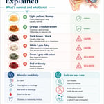 Infographic explaining ear wax colours and meanings: six colors from light yellow to red/bloody, with safety icons and care tips sections.