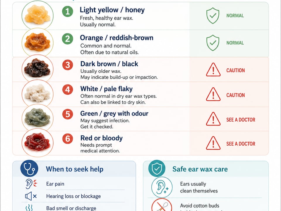 infographic explaining ear wax colours and meanings six colors from light yellow to redbloody with safety icons and care tips sections ear wax explained learn the audiology place