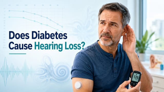 man in a blue shirt holds his hand to his ear while wearing a skin sensor on his arm large text asks does diabetes cause hearing loss diabetes and hearing loss how does diabetes affect hearing the audiology place