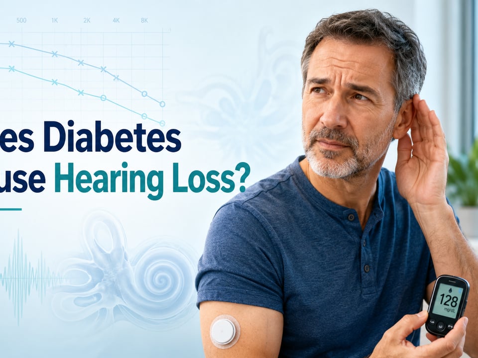 man in a blue shirt holds his hand to his ear while wearing a skin sensor on his arm large text asks does diabetes cause hearing loss diabetes and hearing loss learn the audiology place page 2