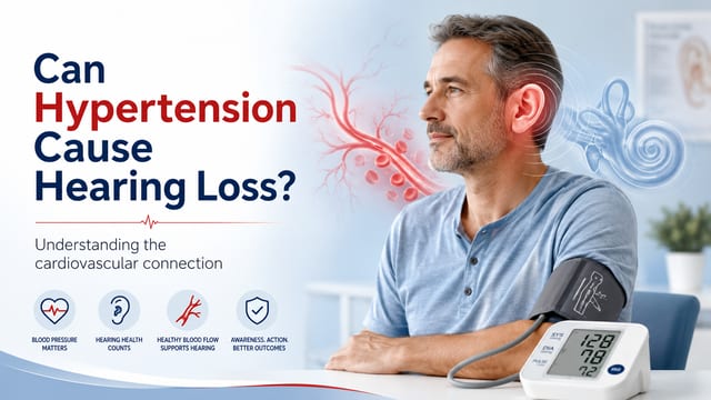 Hypertension and Hearing loss - The Audiology Place banner can hypertension cause hearing loss with a man wearing a blood pressure cuff and earhearing graphics in the background hypertension and hearing loss can high blood pressure cause hearing loss the audiology place