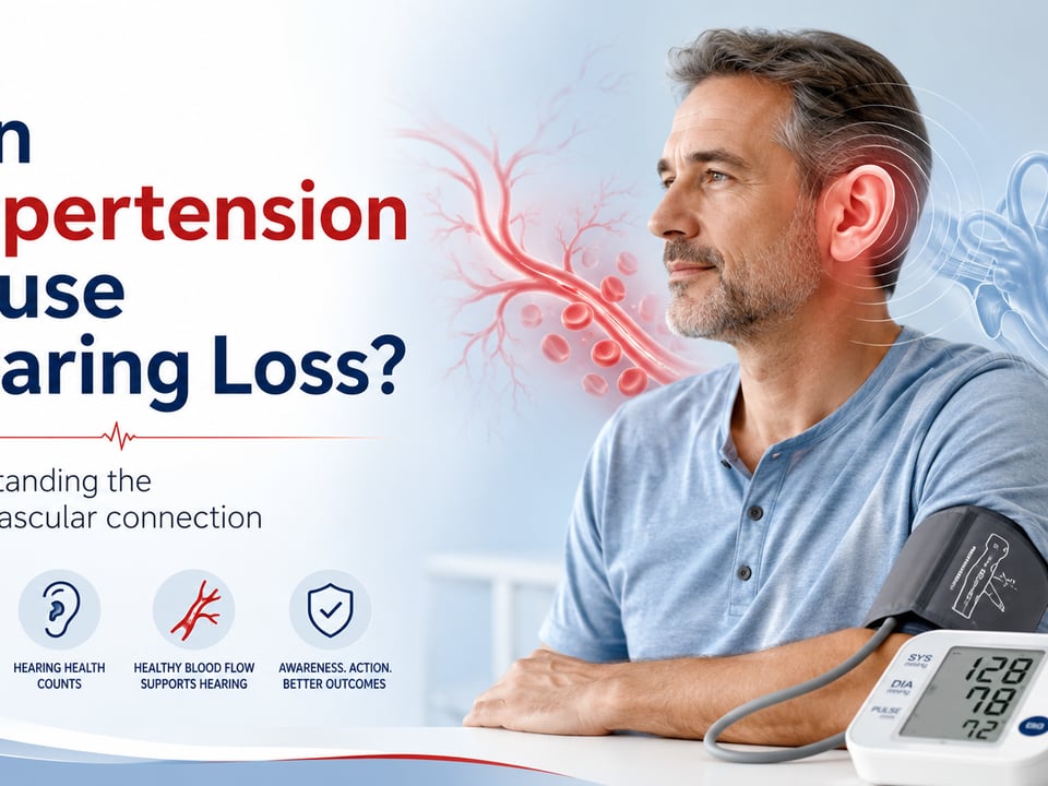 Banner: 'Can Hypertension Cause Hearing Loss?' with a man wearing a blood pressure cuff and ear/hearing graphics in the background.