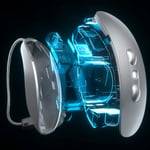 Exploded view of a futuristic VR headset with glowing blue circuitry components visible inside.