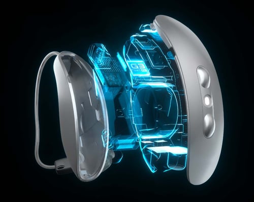 Exploded view of a futuristic VR headset with glowing blue circuitry components visible inside.