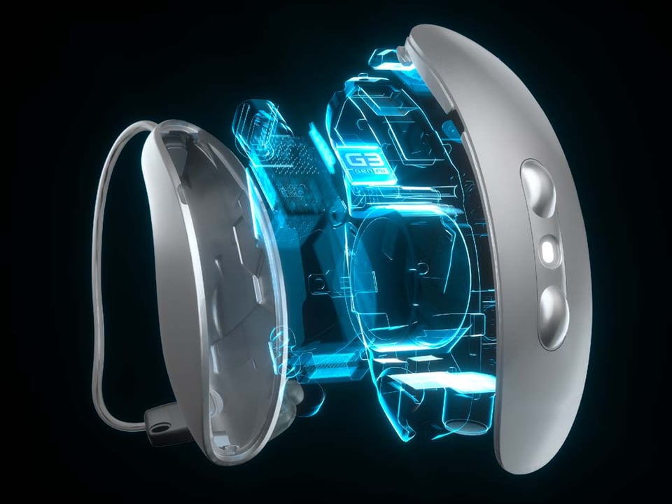 Exploded view of a futuristic VR headset with glowing blue circuitry components visible inside.