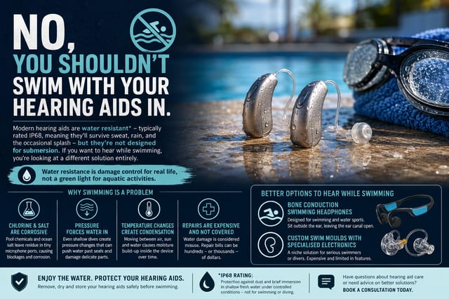 Hearing aids and swimming - The Audiology Place warning poster dont swim with your hearing aids in image shows hearing aids on a pool deck with goggles nearby and bold text about water resistance and submersion hearing aids and swimming hearing aids and swimming can you wear them in water the audiology place