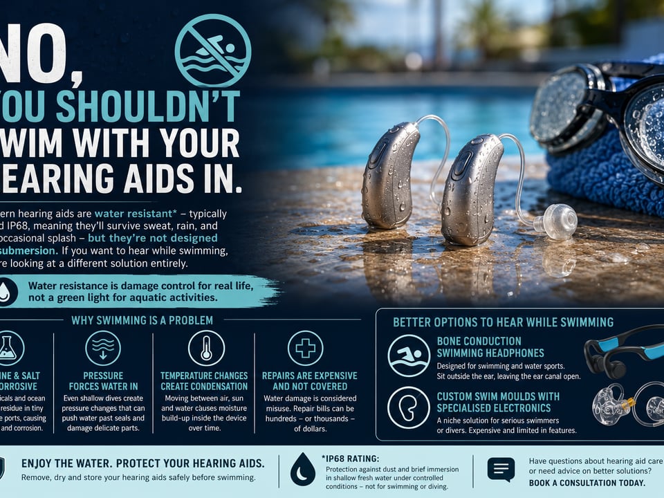 Hearing aids and swimming - The Audiology Place warning poster dont swim with your hearing aids in image shows hearing aids on a pool deck with goggles nearby and bold text about water resistance and submersion hearing aids and swimming the audiology place sydney independent hearing clinic page 7