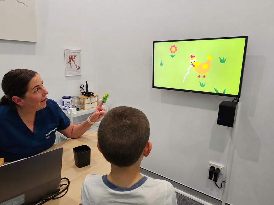 VROA - The Audiology Place healthcare professional in blue scrubs sits at a table with a laptop pointing at a green finger puppet while a child watches a cartoon chicken on a wall monitor vroa the audiology place sydney independent hearing clinic page 4