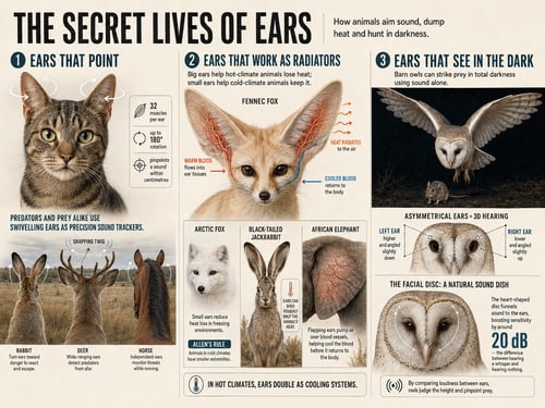 infographic panel about how animal ears work showing a cat a fox and an owl with diagrams of ear function different types of ears why your ear is shaped like that the audiology place