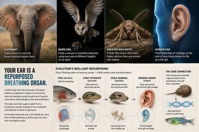 four panel collage elephant ear with caption a barn owl in flight a greater wax moth on a branch and a blue tinted human ear illustration below is an infographic on the evolution of the ear from gill arches to modern humans ear evolution why your ear is shaped like that the audiology place