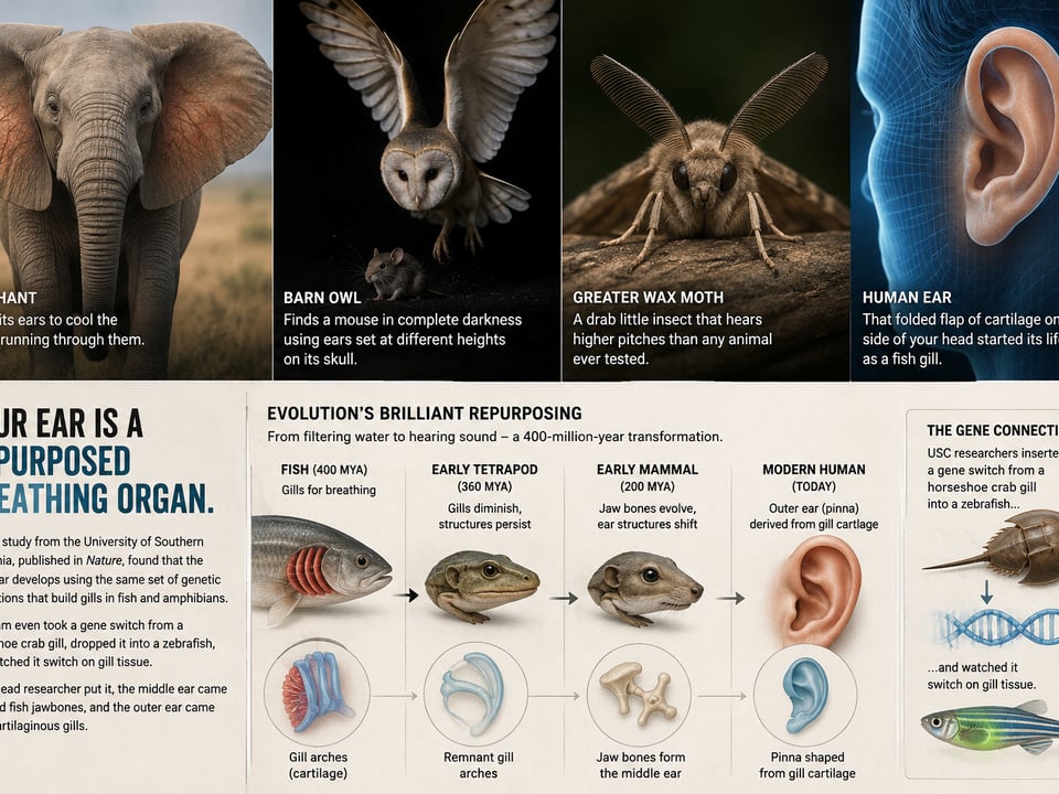ear evolution - The Audiology Place four panel collage elephant ear with caption a barn owl in flight a greater wax moth on a branch and a blue tinted human ear illustration below is an infographic on the evolution of the ear from gill arches to modern humans ear evolution the audiology place sydney independent hearing clinic