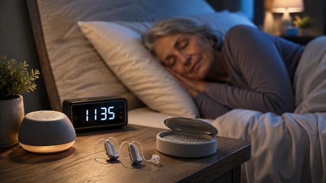 hearing aids and sleep - The Audiology Place older woman sleeping in bed at night with hearing aid devices on the nightstand in the foreground hearing aids and sleep hearing aids and sleep should you wear them to bed the audiology place