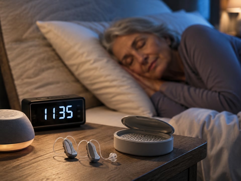 hearing aids and sleep - The Audiology Place older woman sleeping in bed at night with hearing aid devices on the nightstand in the foreground hearing aids and sleep the audiology place sydney independent hearing clinic page 3