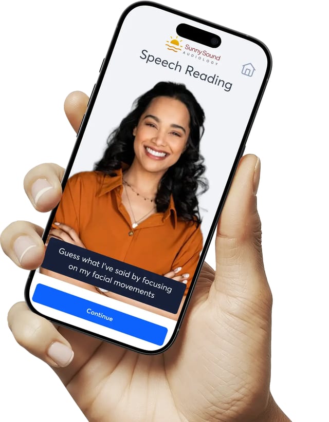 smartphone screen showing sunnysound speech reading app with a smiling woman prompt reads about guessing words from facial movements and a continue button 68be104b6cdd2e175af572c2 product hero lace pro auditory training at the audiology place the audiology place