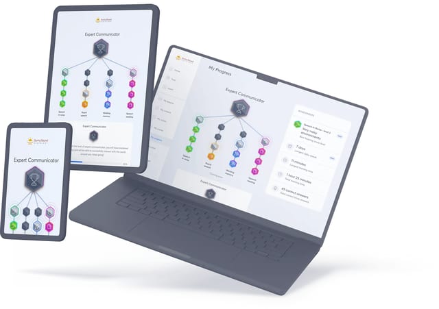 several devicesa tablet laptop and phoneshowing the sunnysound expert communicator app with a network diagram and progress elements lace auditory training lace auditory training what it is and who it helps the audiology place