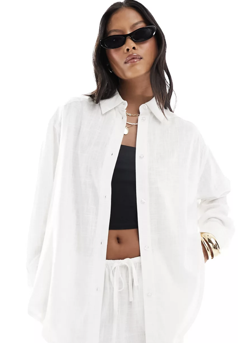 Petite relaxed shirt with linen in white