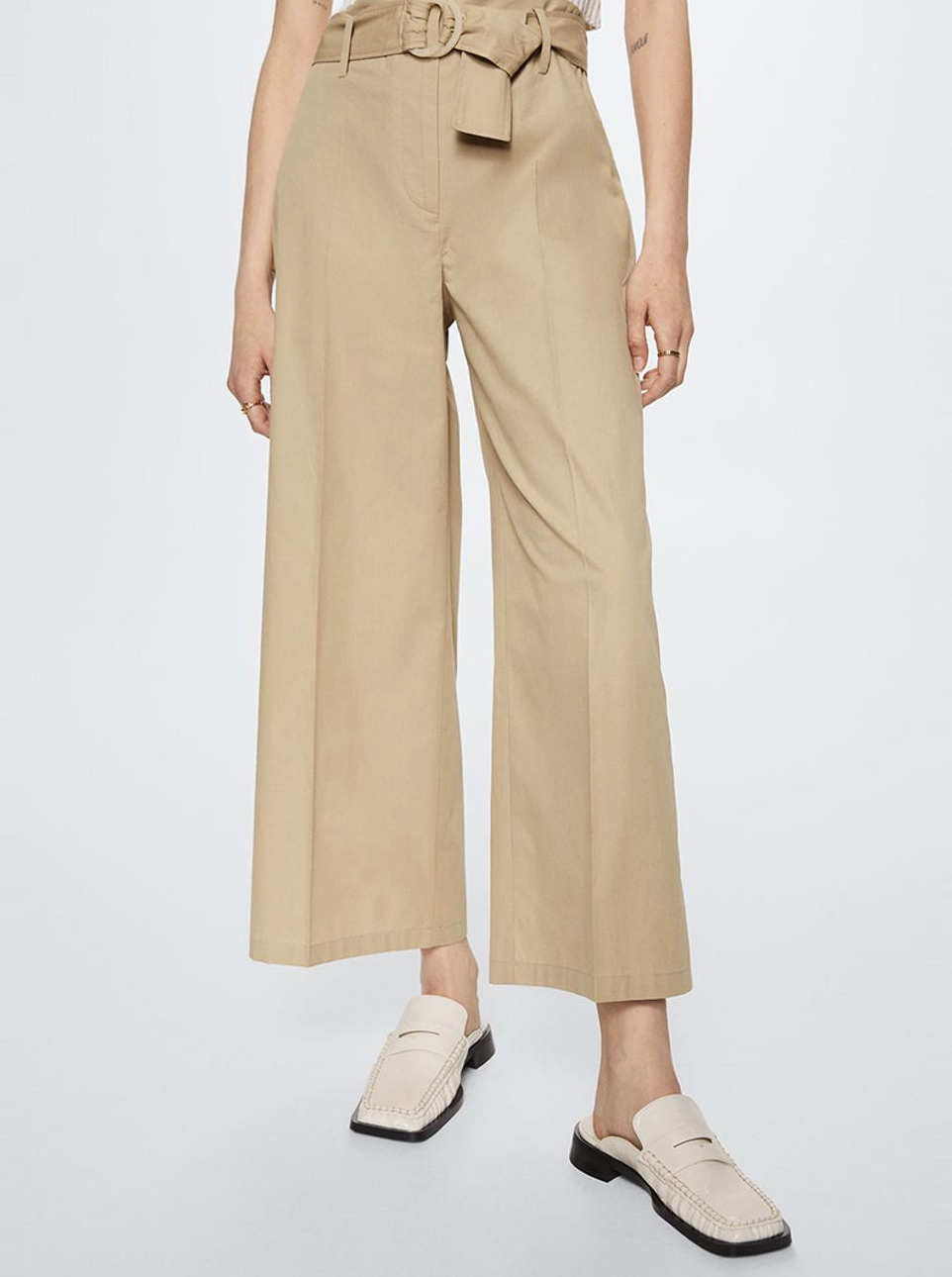 Natural Belted Cotton-Blend Trousers