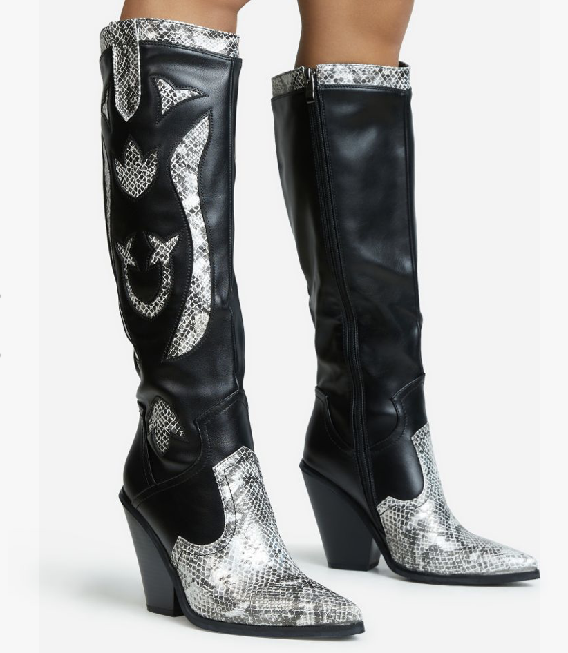 KNEE HIGH LONG WESTERN COWBOY BOOT IN BLACK FAUX LEATHER