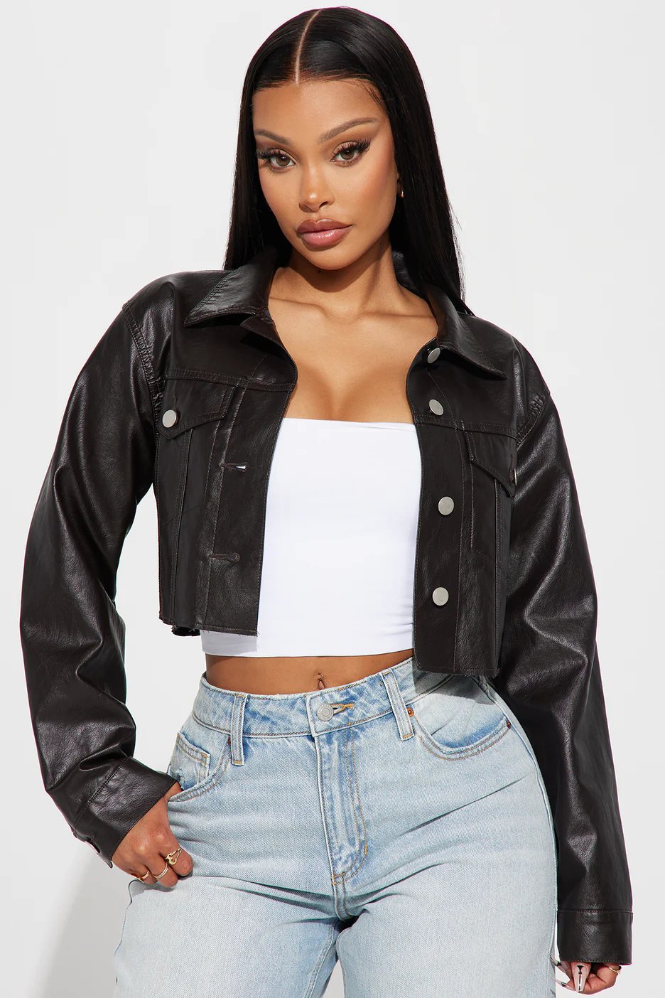 Taking Shortcuts Faux Leather Cropped Jacket - Brown