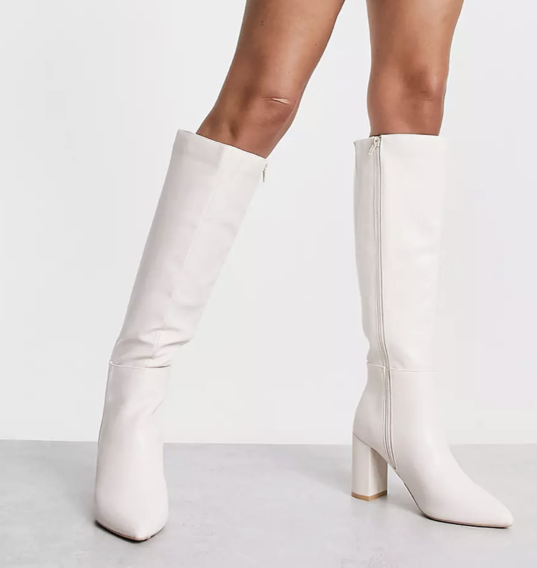 New Look pointed knee high boots in off white