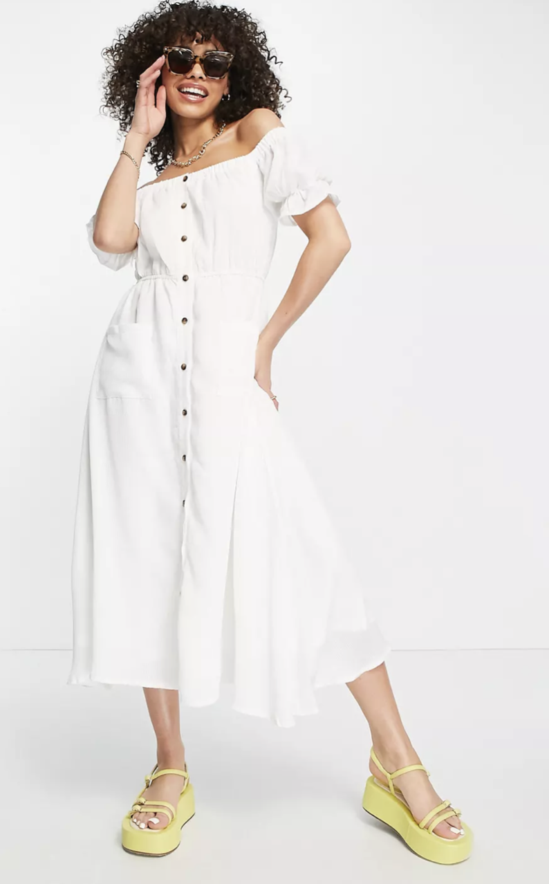 In The Style Jac Jossa bardot pocket detail midi dress in white
