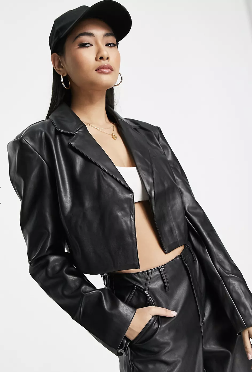 River Island faux leather cropped blazer jacket in black