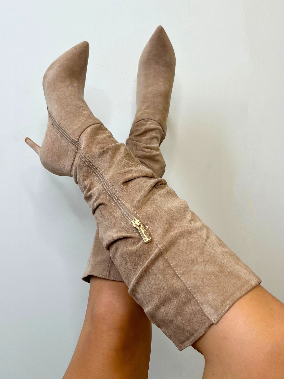 Stacey Ruched Suedette Knee High Boots in Tan