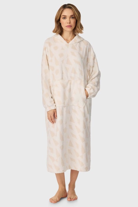 Ciepła damska koszula nocna DKNY Signature Robe długa z kapturem beżowy-biały