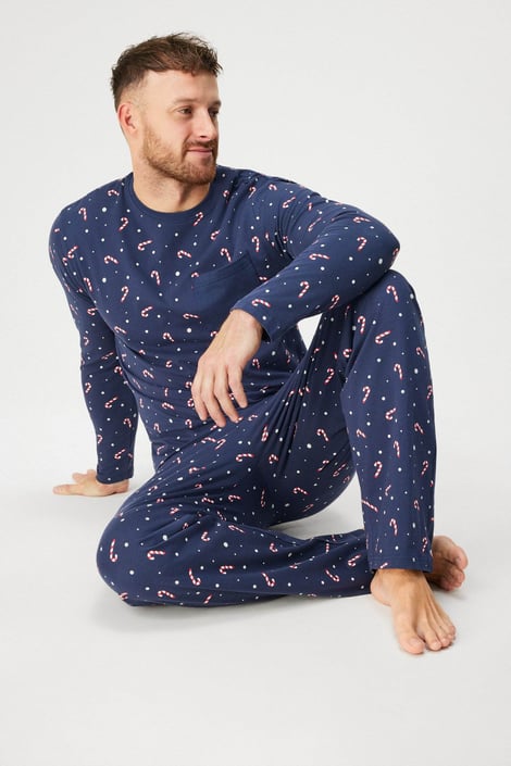 Herren-Baumwollpyjama MEN-A Candy Christmas mit langen Hosenbeinen Marineblau