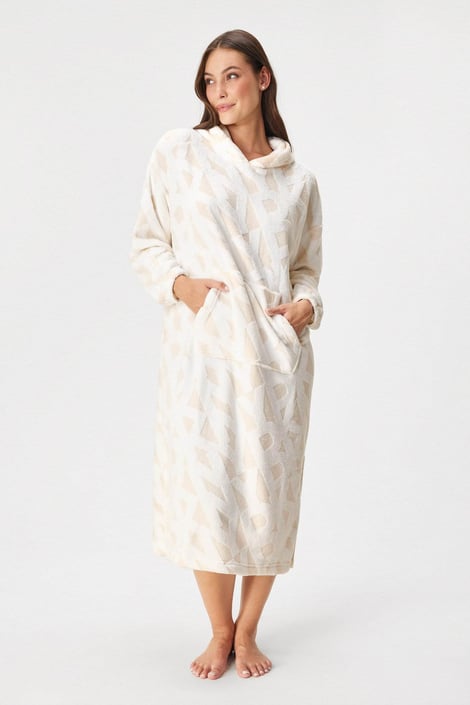 Cămașă de noapte călduroasă pentru femei DKNY Signature Robe lungă cu glugă bej-alb