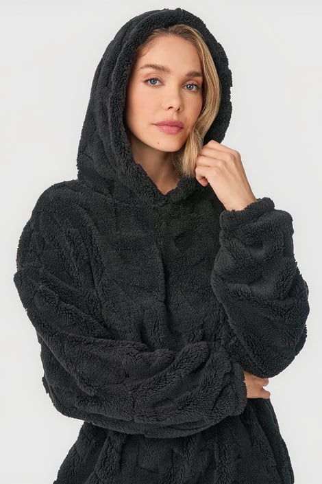 Ciepła damska koszula nocna DKNY Signature Robe długa z kapturem czarny