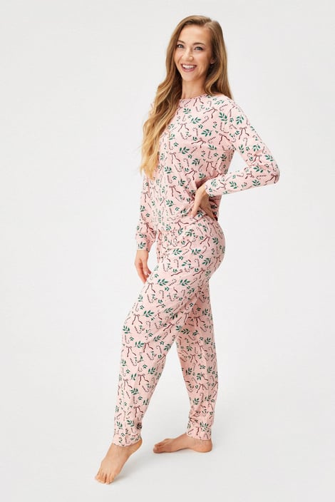 Pijama din bumbac pentru femei Bow cu pantaloni lungi roz-scoică