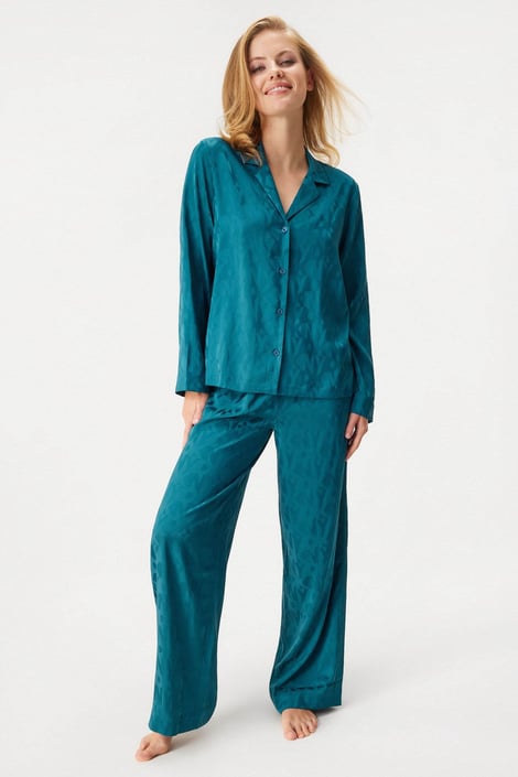 Pijama din satin pentru femei DKNY After Dark Dressing cu pantaloni lungi verde păun