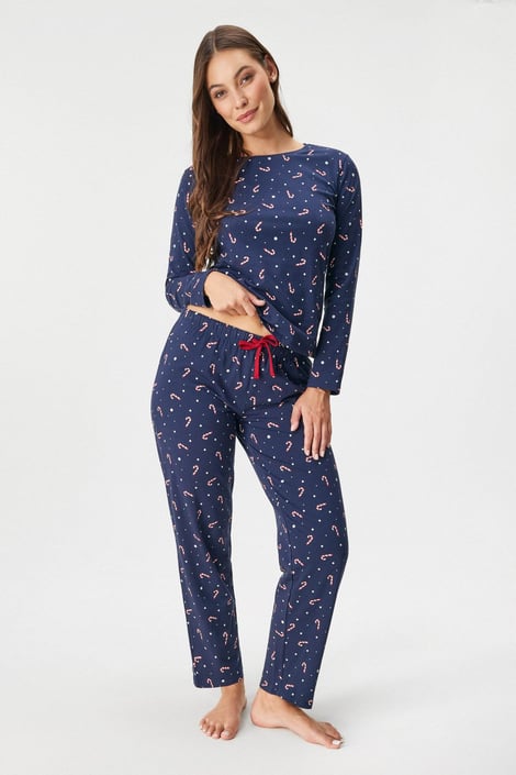 Damen-Pyjama Candy Christmas mit langen Hosenbeinen Marineblau