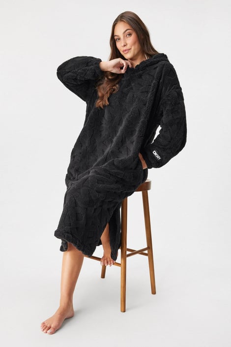 Warm damesnachthemd DKNY Signature Robe lang met capuchon zwart