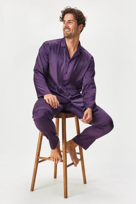 Pijama din satin pentru bărbați MEN-A Satine cu pantaloni lungi mov vânătă