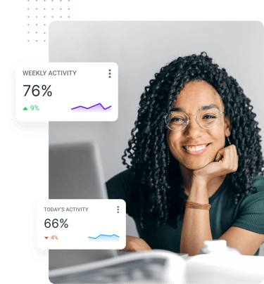 Smiling woman at laptop with Hubstaff time tracking charts showing weekly and daily activity trends.
