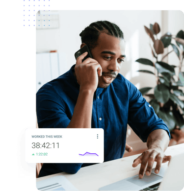 Man working on a laptop while talking on the phone, with a weekly time-tracking dashboard showing 38 hours worked.