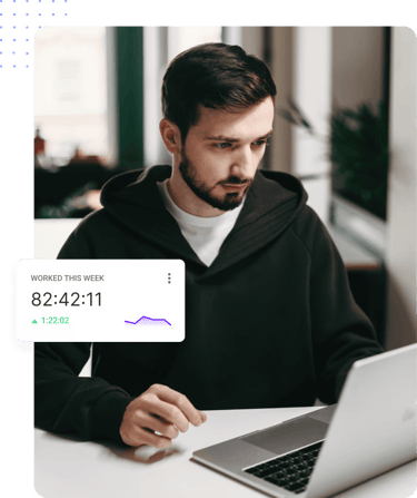 Man working on a laptop while talking on the phone, with a weekly time-tracking dashboard showing 38 hours worked.