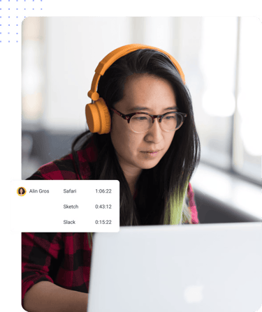 Woman wearing headphones working at a computer, with an activity-tracking panel showing time spent in Safari, Sketch, and Slack.